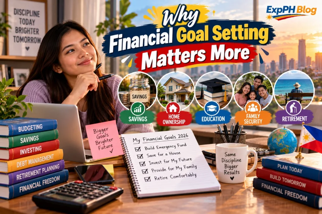 Why financial goal setting matters more for Filipinos, featuring a woman planning her finances, savings goals, homeownership, education, family security, and retirement planning.