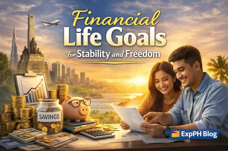 Filipino couple planning financial life goals with savings, coins, documents, and city background, representing stability and freedom, with ExpPH Blog logo