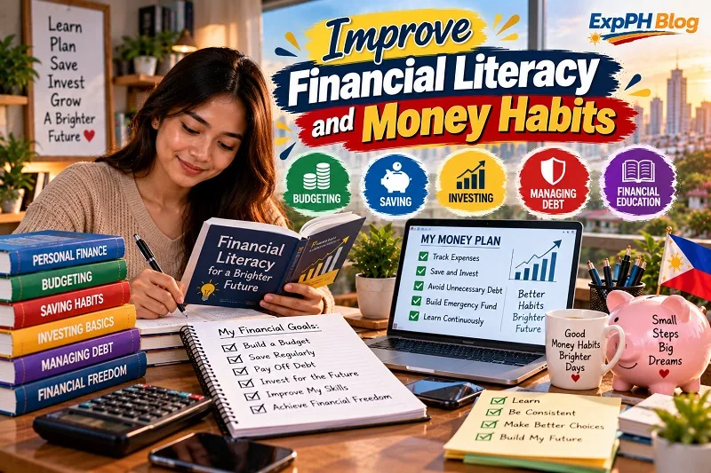 Improve financial literacy and money habits with a Filipina woman studying personal finance, budgeting, saving, investing, managing debt, and building better financial habits.