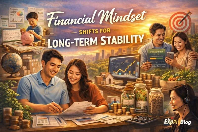 Realistic visual of Filipinos managing finances through budgeting, saving, and planning for the future at home, showing long term stability and featuring the ExpPH Blog logo.