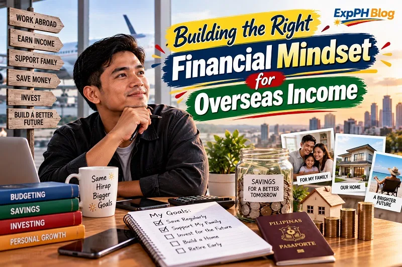 A hopeful Filipino overseas worker planning his finances beside a savings jar, budget checklist, Philippine passport, and financial books, with images of his family and future home representing long-term financial goals.