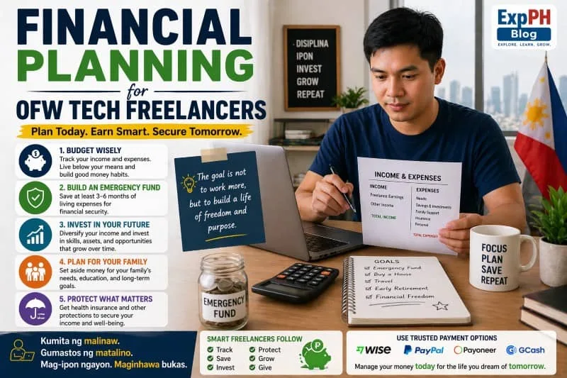 Filipino freelancer reviewing income and expenses with financial planning elements and ExpPH Blog logo