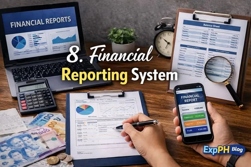 A Filipino small business financial reporting setup showing charts on a laptop, printed financial reports, calculator, Philippine peso cash, and a smartphone displaying income and expenses, with ExpPH Blog logo.