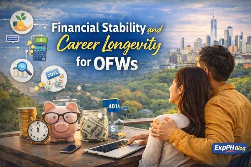 Filipino OFW planning finances and career goals using a laptop and documents, symbolizing financial stability, long-term career planning, and sustainable overseas work.