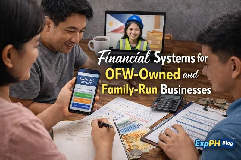 A Filipino family managing finances together with an OFW member on a video call, reviewing financial reports, calculator, smartphone, and Philippine peso cash on a table, with ExpPH Blog logo.