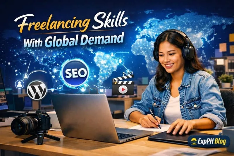 Filipino freelancer working on a laptop representing freelancing skills with global demand with ExpPH Blog logo visible