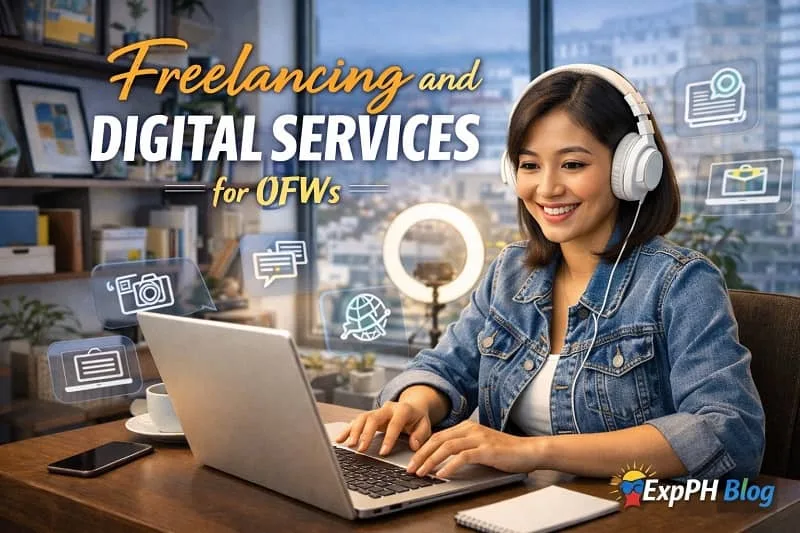 Filipino OFW freelancer working on a laptop at home, representing freelancing and digital services for OFWs, with realistic workspace setup and ExpPH Blog logo.