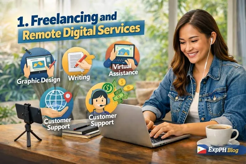 Filipino freelancer working on a laptop with icons for graphic design, writing, virtual assistance, and customer support, representing remote digital services