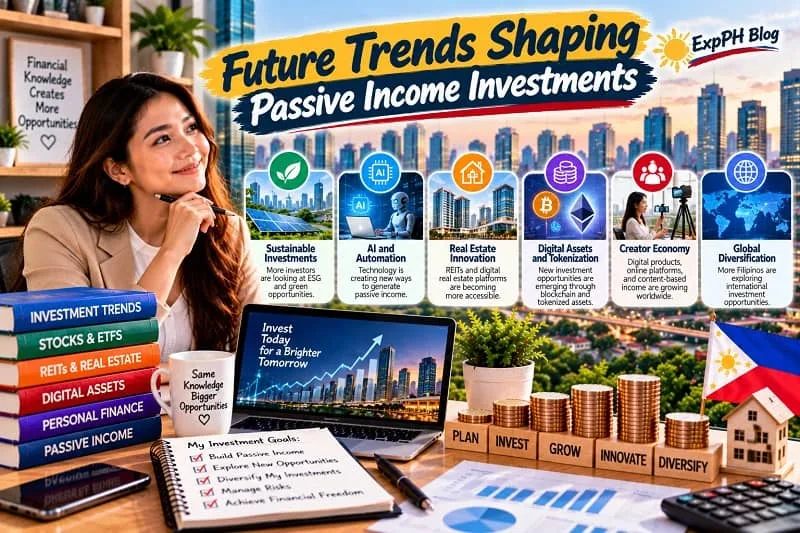 A Filipina woman exploring future passive income investment trends, with visuals of sustainable investing, AI and automation, real estate, digital assets, the creator economy, and global diversification, alongside the ExpPH Blog logo.