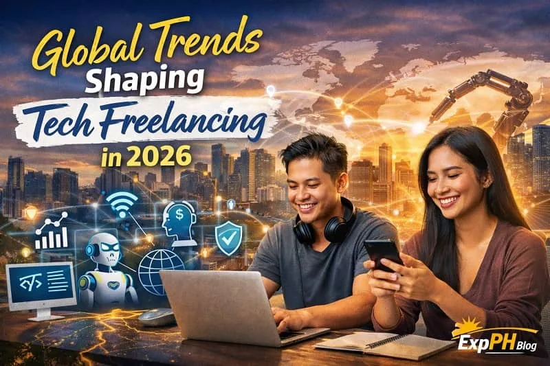 Filipino tech freelancers working online with global technology icons representing trends shaping tech freelancing in 2026