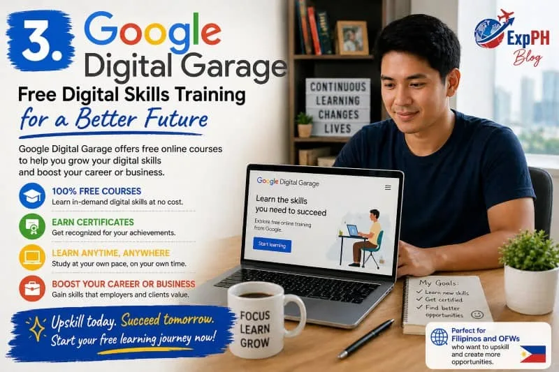 Filipino man learning digital skills on Google Digital Garage using a laptop with ExpPH Blog logo and training text