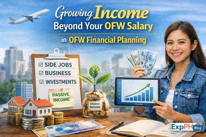 Filipino OFW growing income beyond salary through skills, online work, and savings growth, representing income expansion and OFW Financial Planning