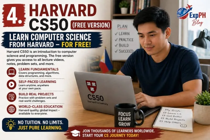 Filipino learner studying computer science using Harvard CS50 on a laptop with ExpPH Blog logo and free course text