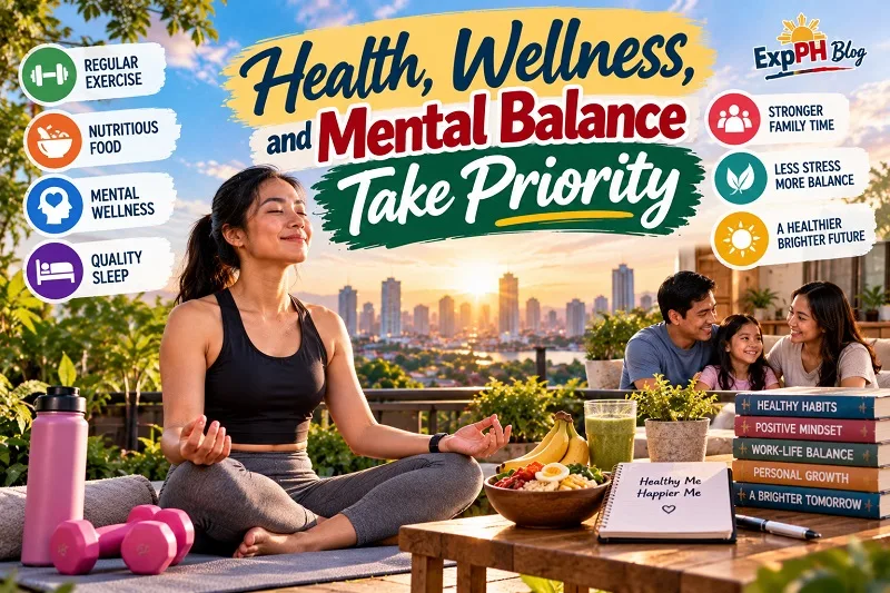 Realistic Filipina woman practicing meditation on a yoga mat at sunrise, with healthy food, exercise equipment, greenery, a city skyline, and a Filipino family spending time together, featuring the ExpPH Blog logo.