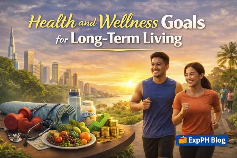 Filipino couple jogging in a healthy outdoor setting with fitness gear, fruits, and city background, representing health and wellness goals for long-term living, with ExpPH Blog logo