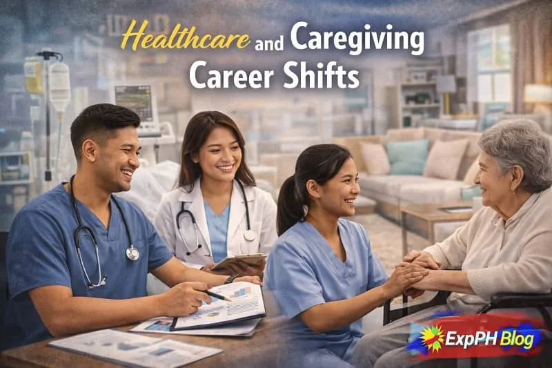 Filipino healthcare workers providing care to an elderly patient in a hospital and home setting, representing healthcare and caregiving career shifts, with ExpPH Blog logo.