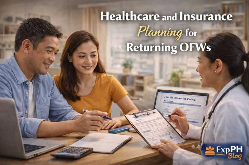 Filipino OFW couple consulting a doctor about healthcare and insurance planning before returning home