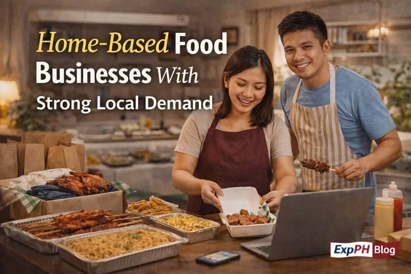 Filipino returning OFWs preparing and packing home-based food products in their kitchen for local customers in the Philippines with ExpPH Blog branding