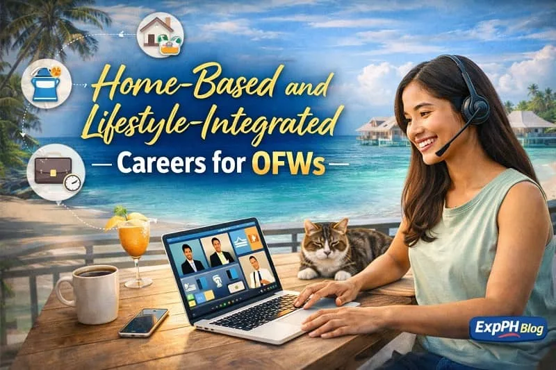 Filipino OFW working from home with a laptop in a comfortable living space, representing home-based and lifestyle-integrated careers supported by digital tools and flexible work setups.