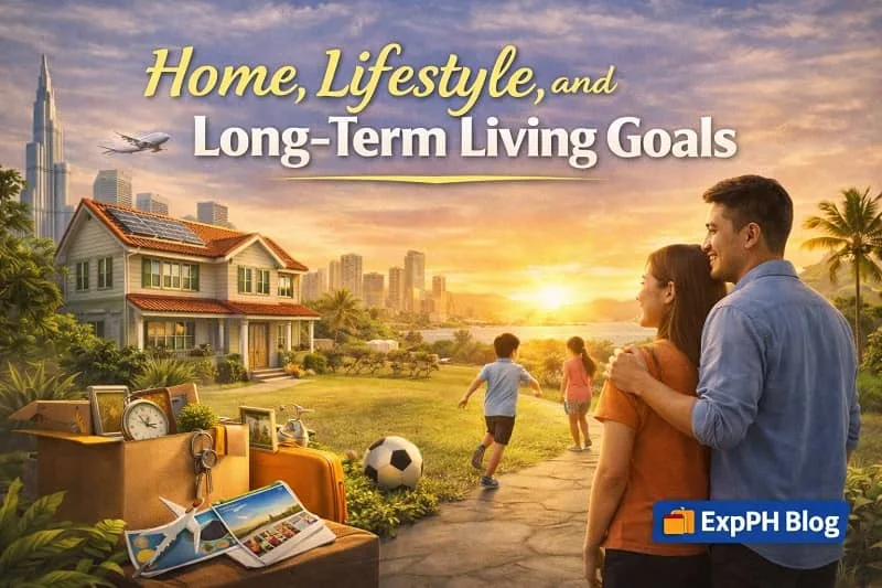 Filipino family enjoying a comfortable home and balanced lifestyle with modern living space, greenery, and warm lighting, representing long-term living goals, with ExpPH Blog logo