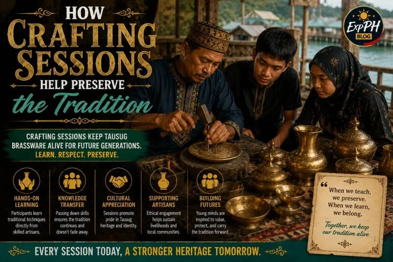 A realistic image of Tausug artisans teaching traditional brassware crafting techniques to younger participants inside a cultural workshop in Sulu, Philippines, featuring handcrafted brass items, the ExpPH Blog logo, and mixed-font typography about preserving tradition.