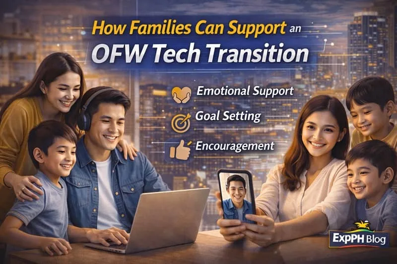 Filipino family supporting an OFW during a tech career transition with laptop learning, family encouragement, and ExpPH Blog logo