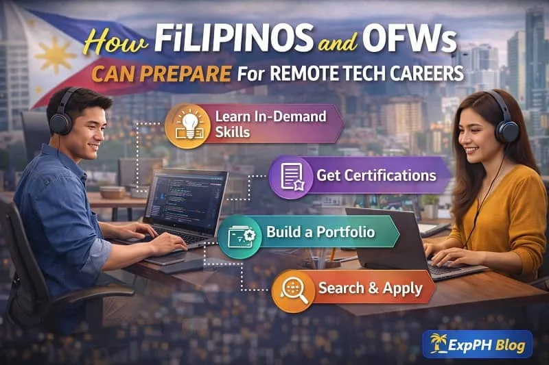 Filipino professionals preparing for remote tech careers through online learning, skill building, and planning with ExpPH Blog logo