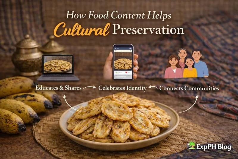 Food content showing Jualan Sulu banana pancake with digital elements, illustrating how traditional Filipino food helps preserve culture and shared identity