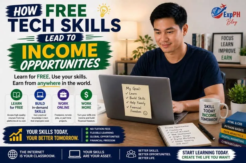 Filipino man learning tech skills on a laptop and earning income online with ExpPH Blog logo and opportunity text