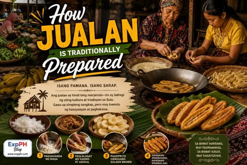 Tausug women in traditional attire preparing and frying Jualan, a golden-brown banana snack from Sulu, using fresh local ingredients. The image includes cultural details and the ExpPH Blog logo.