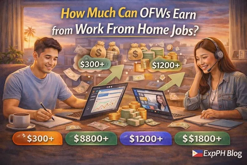 Filipino OFW working from home while reviewing income and earnings on a laptop, representing how much OFWs can earn from work from home jobs