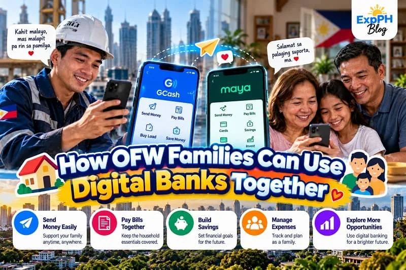 Filipino overseas worker using a smartphone to connect with his family in the Philippines, alongside GCash and Maya app screens illustrating money transfers, bill payments and savings.