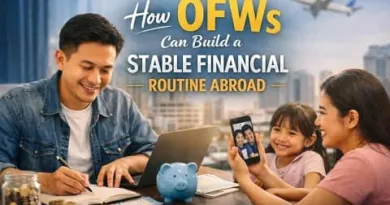 Filipino OFW managing finances abroad while connecting with family through video call and planning a stable financial routine