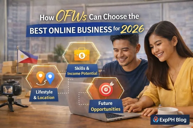 Filipino OFWs choosing the best online business for 2026 using digital tools and skills with ExpPH Blog logo