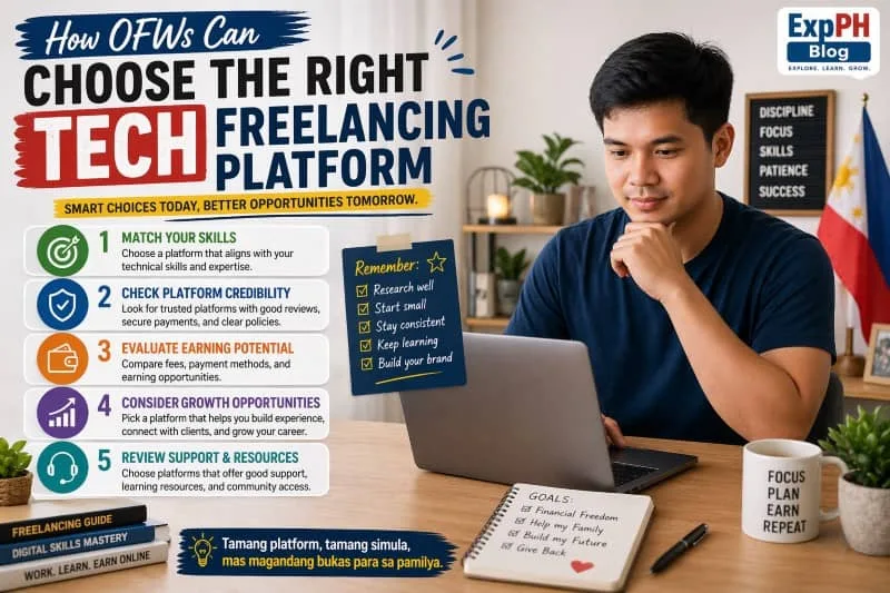 Filipino freelancer comparing tech freelancing platforms on a laptop with decision checklist and ExpPH Blog logo