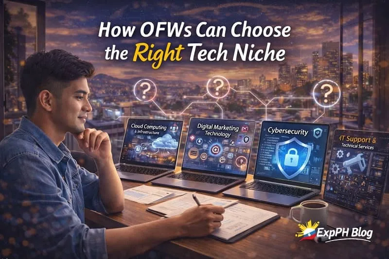 Filipino overseas worker comparing different tech career options on laptops, showing how OFWs can choose the right tech niche based on skills, goals, and future demand.