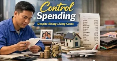 Filipino OFW reviewing expenses and budgeting money to control spending despite rising living costs, with savings jar, calculator, and family photo on the table.
