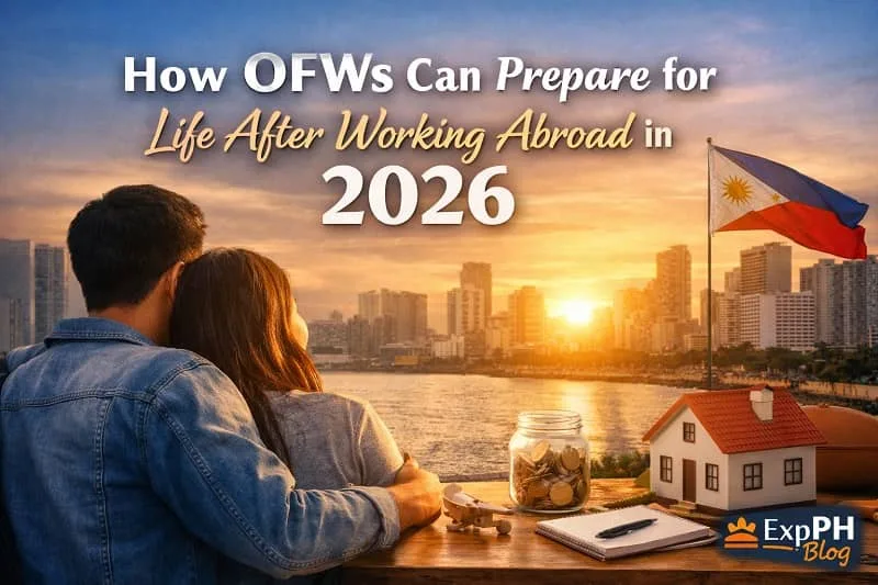 Filipino OFW couple planning life after working abroad in 2026 with savings, home goals, and Philippine city background