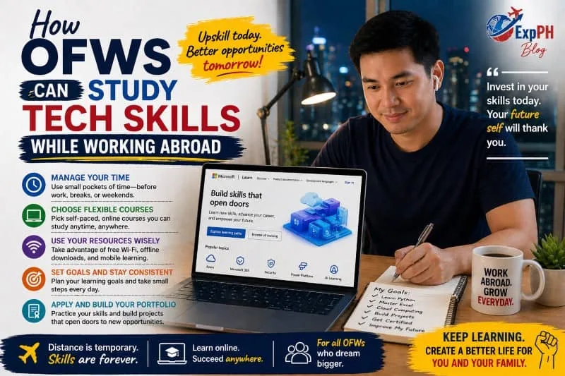 Filipino OFW studying tech skills on a laptop after work abroad with ExpPH Blog logo and learning text