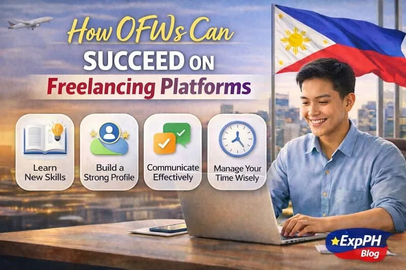 Filipino OFW working on a laptop with symbols of productivity, planning, and online freelancing success, featuring the ExpPH Blog logo