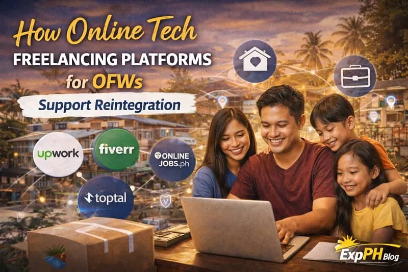 Filipino OFW working online with family at home, showing how online tech freelancing platforms support reintegration and remote income