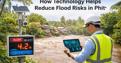 flood prevention technology philippines showing a river monitoring system with sensors and a Filipino engineer checking flood data near a community