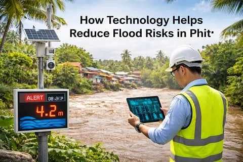 flood prevention technology philippines showing a river monitoring system with sensors and a Filipino engineer checking flood data near a community