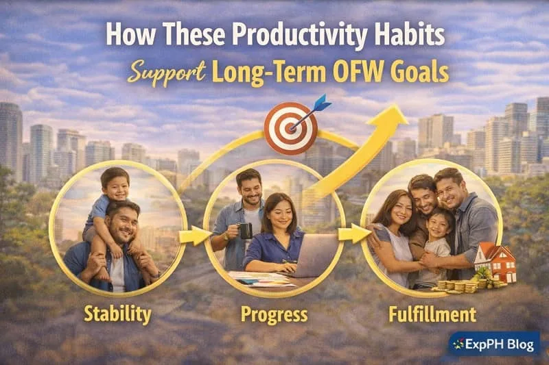 Filipino OFWs planning long term goals through productivity habits such as career growth, financial stability, and work life balance with ExpPH Blog logo