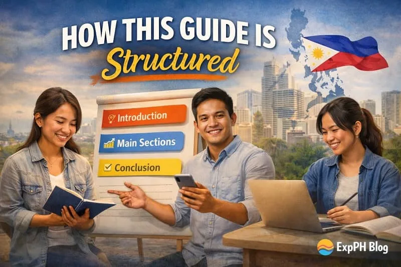 Filipino individuals reviewing a structured guide with sections like planning, budgeting, and execution, shown through visual steps and organized layout.