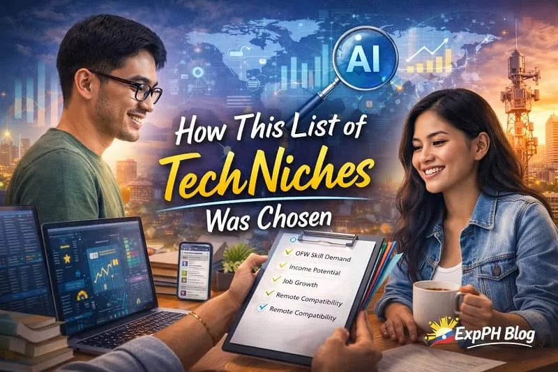 Filipino professional reviewing technology career options using data and planning tools, showing how tech niches for OFWs were carefully selected for 2026.