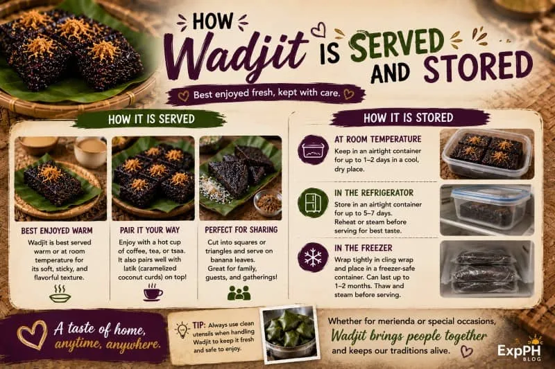 A helpful infographic set against a Filipino-inspired backdrop, illustrating the best ways to serve and store Wadjit black rice cake, covering room temperature, fridge, and freezer methods.