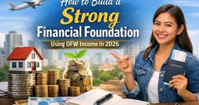 Filipino OFW planning finances with savings, house model, passport, and investment symbols showing how to build a strong financial foundation using OFW income in 2026