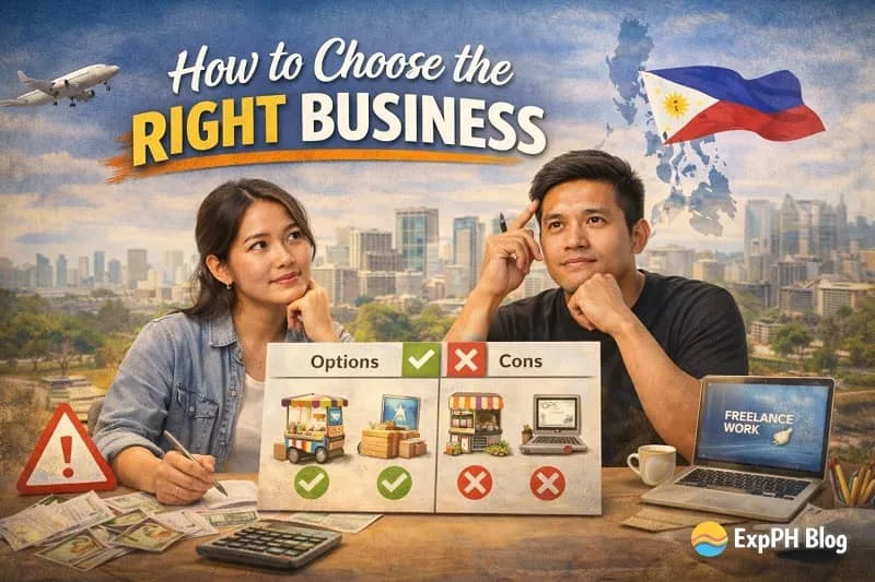Filipino individuals comparing different business options like food cart, online selling, sari sari store, and freelance work using a checklist and decision guide.