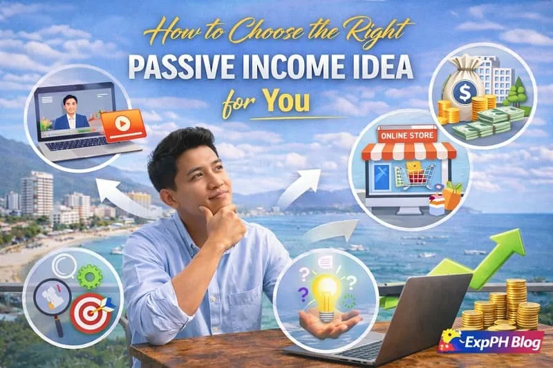 Filipino OFW reviewing options on a laptop representing how to choose the right passive income idea based on goals and lifestyle